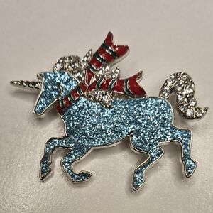 🦄 Sparkly Brooch Unicorn w/Blue Glitter, Rhinestones, & Enameled Scarf -Kids